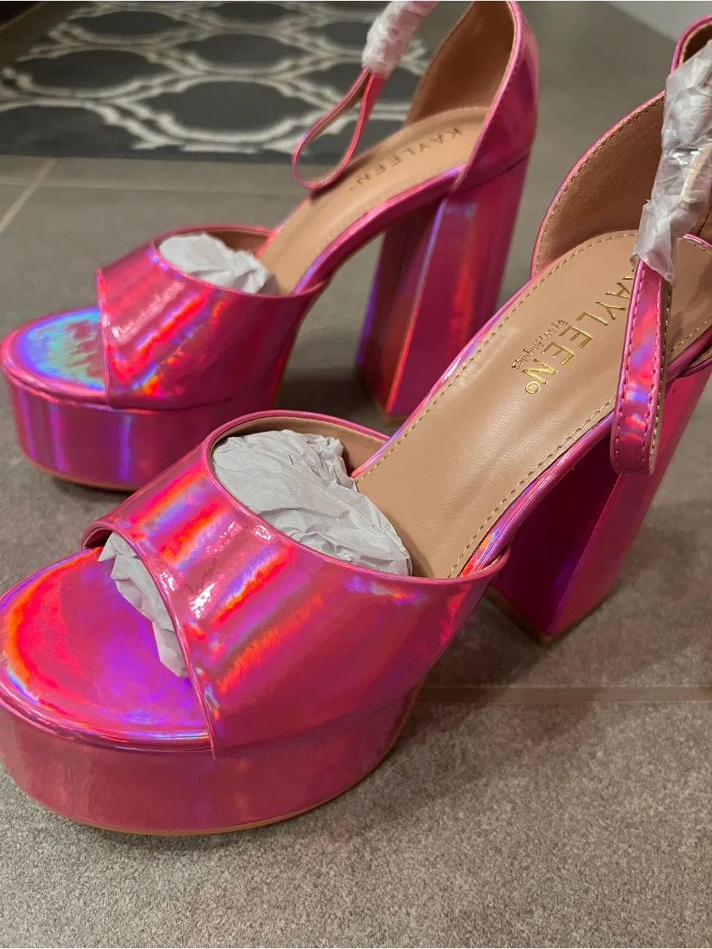 New Holographic Pink Patent Leather Platform Chunky Heels - Iridescent Metallic